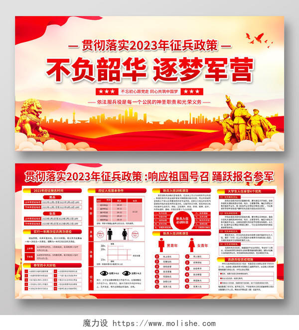 红色简约大气2023年征兵宣传栏海报2023年度征兵新政策解读
